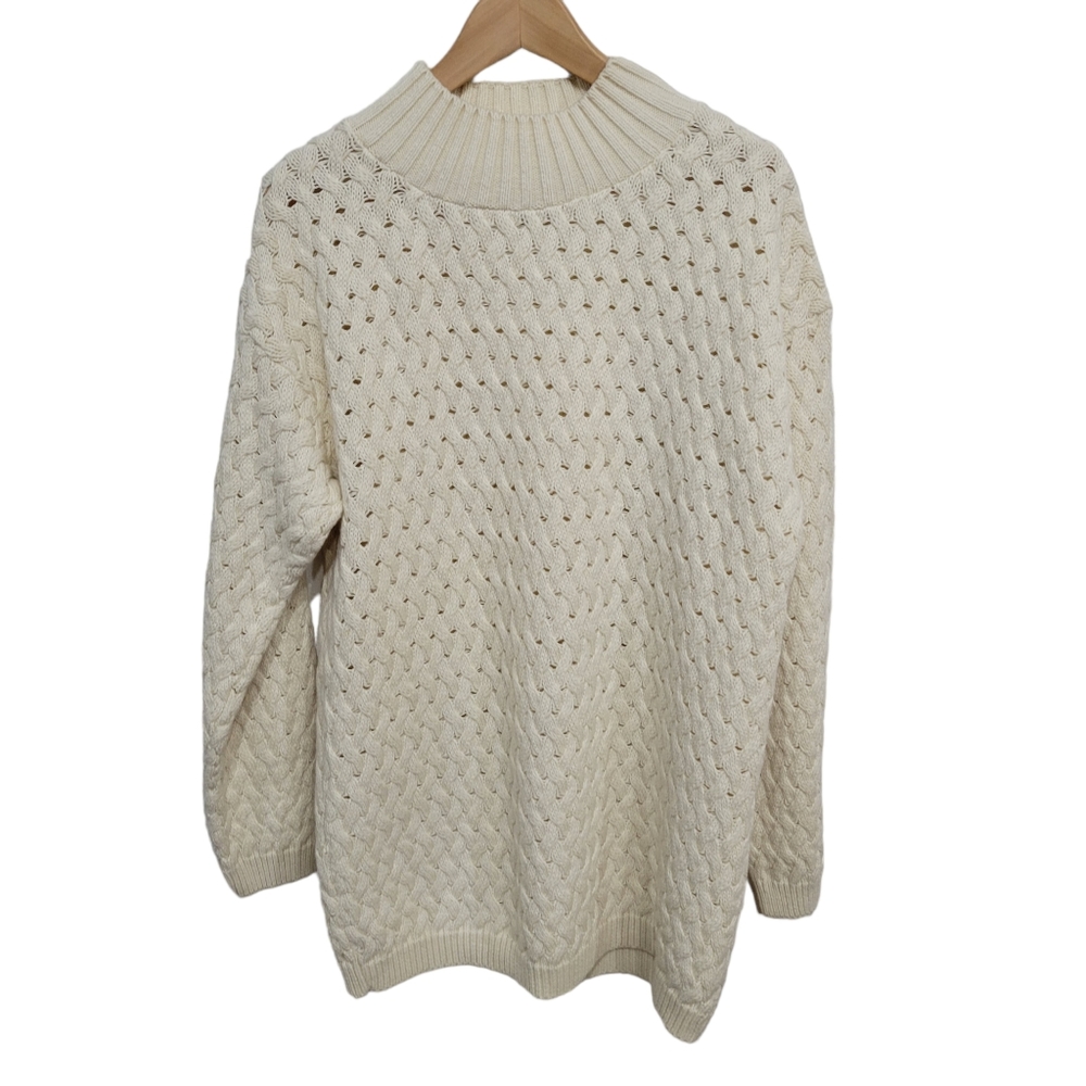 Vintage Ivory Mock Turtle Neck Cable Knit Fisherman Sweater Large